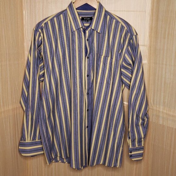 Bogari Mens Blue Yellow Striped Long Sleeve Button Down Shirt XL - Picture 1 of 5